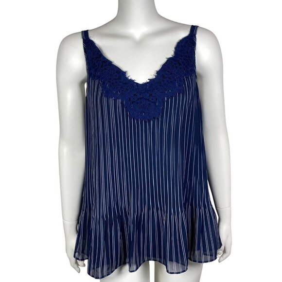 Chicos Sleeveless Peplum Hem Shirt Top Womens Size 2 (L) V Neck Lace Stripes - Picture 1 of 7